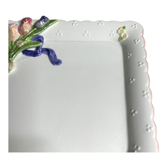 Ganz Bella Casa 8" Square Ceramic Plate 3D Roses Purple Bow Scalloped Iridescent - Picture 3 of 8